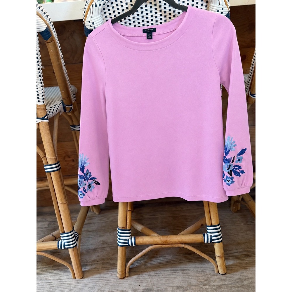 Ann Taylor Petite XXSP Pink‎ Pullover Top Blue Cross Stitch Floral Sleeve Blouse